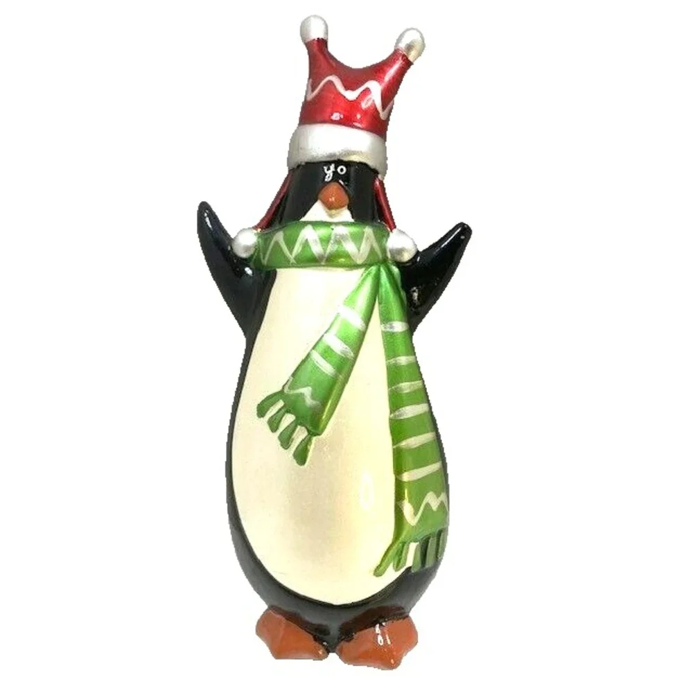 Vtg Pier 1 Penguin Figurine Red Hat Green Scarf Christmas Winter Decor 11 Inch